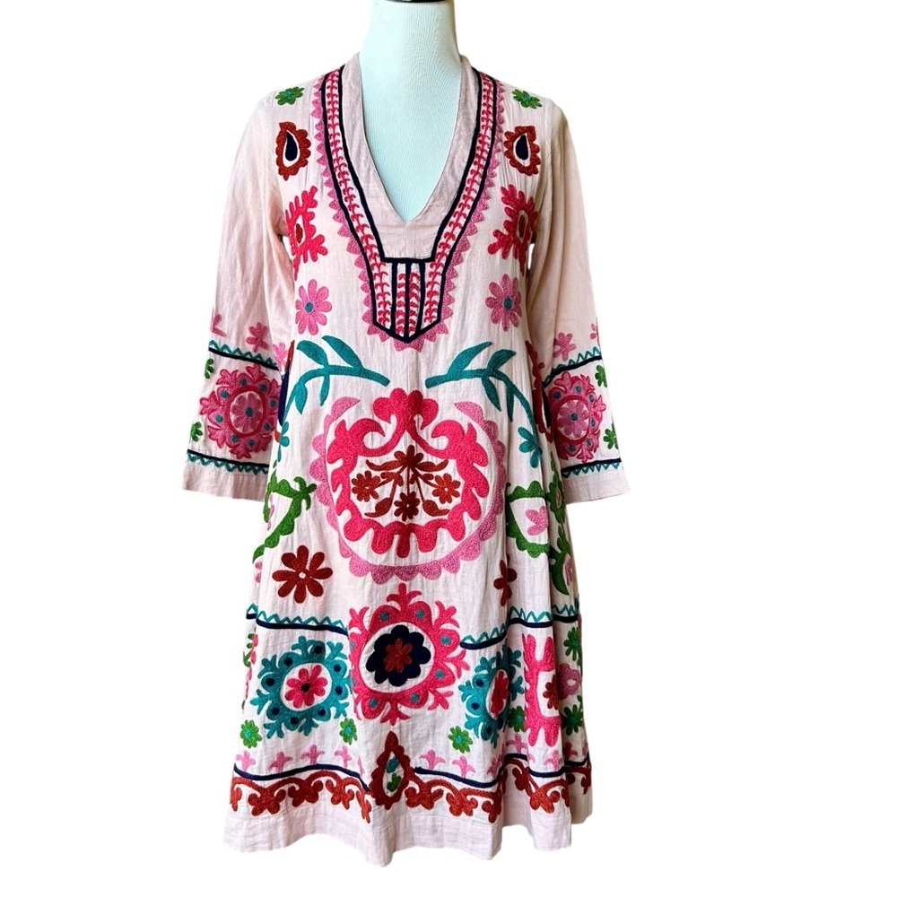 Roller Rabbit kuzu dress embroidered boho tunic pink floral cotton festival xs